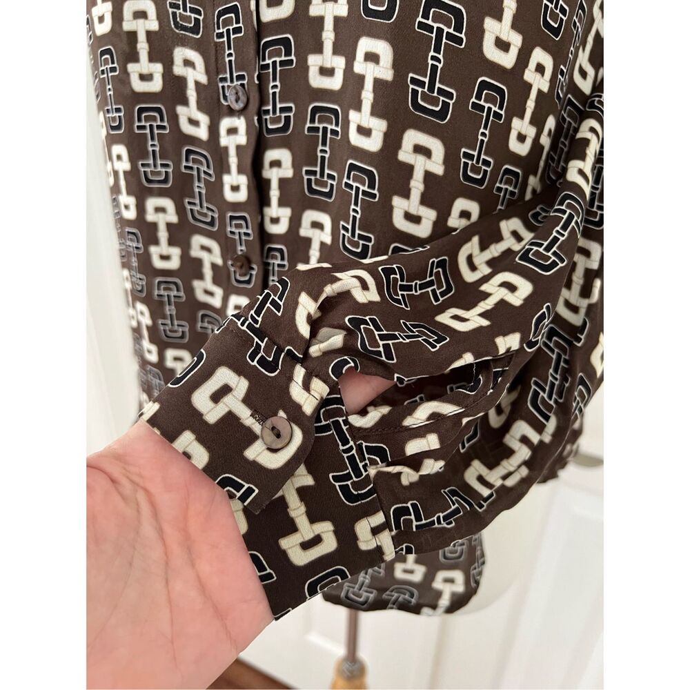L'Agence Nina Horsebit Brown Ivory Buckle Print Button-Up Silk Blouse Size XS - Picture 4 of 9